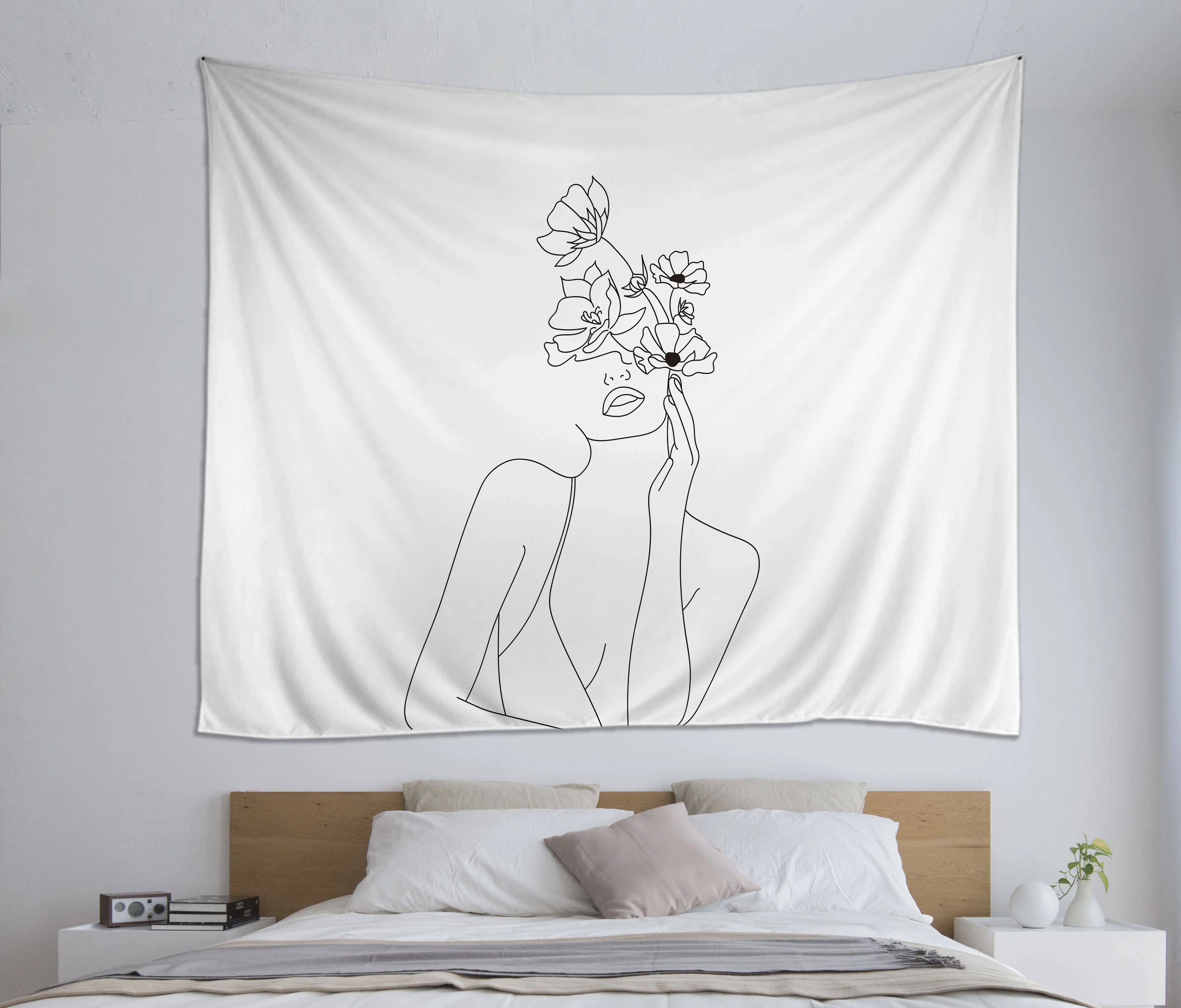 Wall hanging cloth personalized custom digital printing tapestry with line woman sunset wall tapestry for bedroom