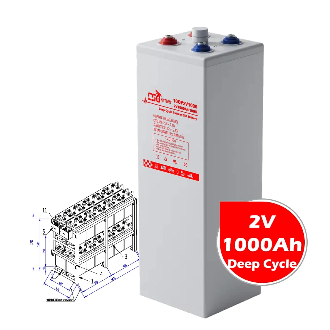 CSBattery 2 В 1000Ah трубчатый гель-Opzv аккумулятор для солнечной установки поставщик из Китая OPzV2-1000 10OPzV1000 VS:Leoch/Ama