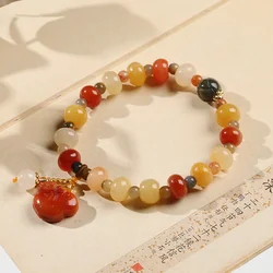 Natural Gold Silk Jade Beaded Bracelets for Women Handmade Vintage Jewelry Female Safety Lock Pendent Chinese Jade Bracelet