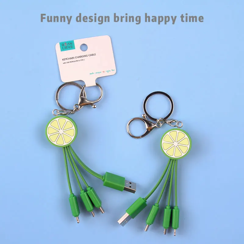 Custom 4 in 1 3 in 1 charger cable mobile phone keychain cable keyring cable Lime Charm fast charging pd charger