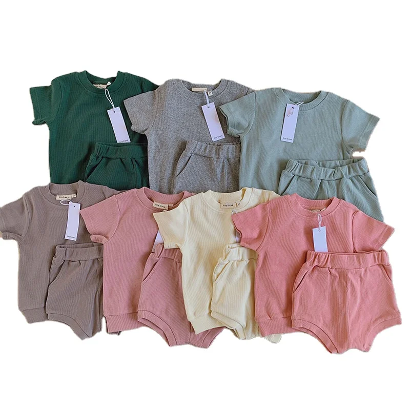 2 Pcs Kids Fashionable Clothing Children Custom Unisex Short Sleeve Set Solid Color Baby Clothes for Summer