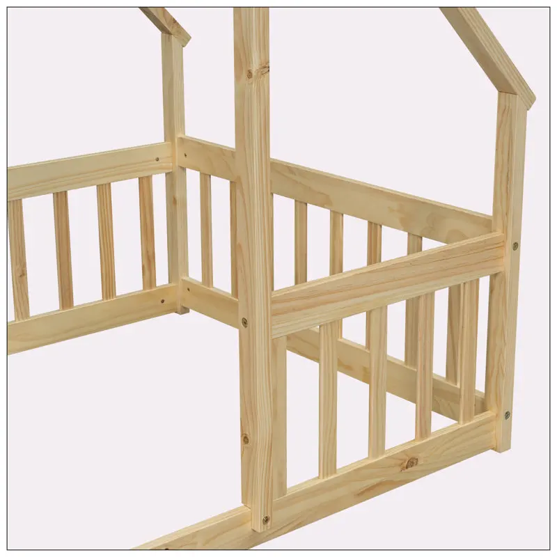 Bedroom Baby Bed House Shape Montessori Toddler Bed Natural Pine Wood Kids Bed Frame with Fun Door Safe Play Sleep Space for