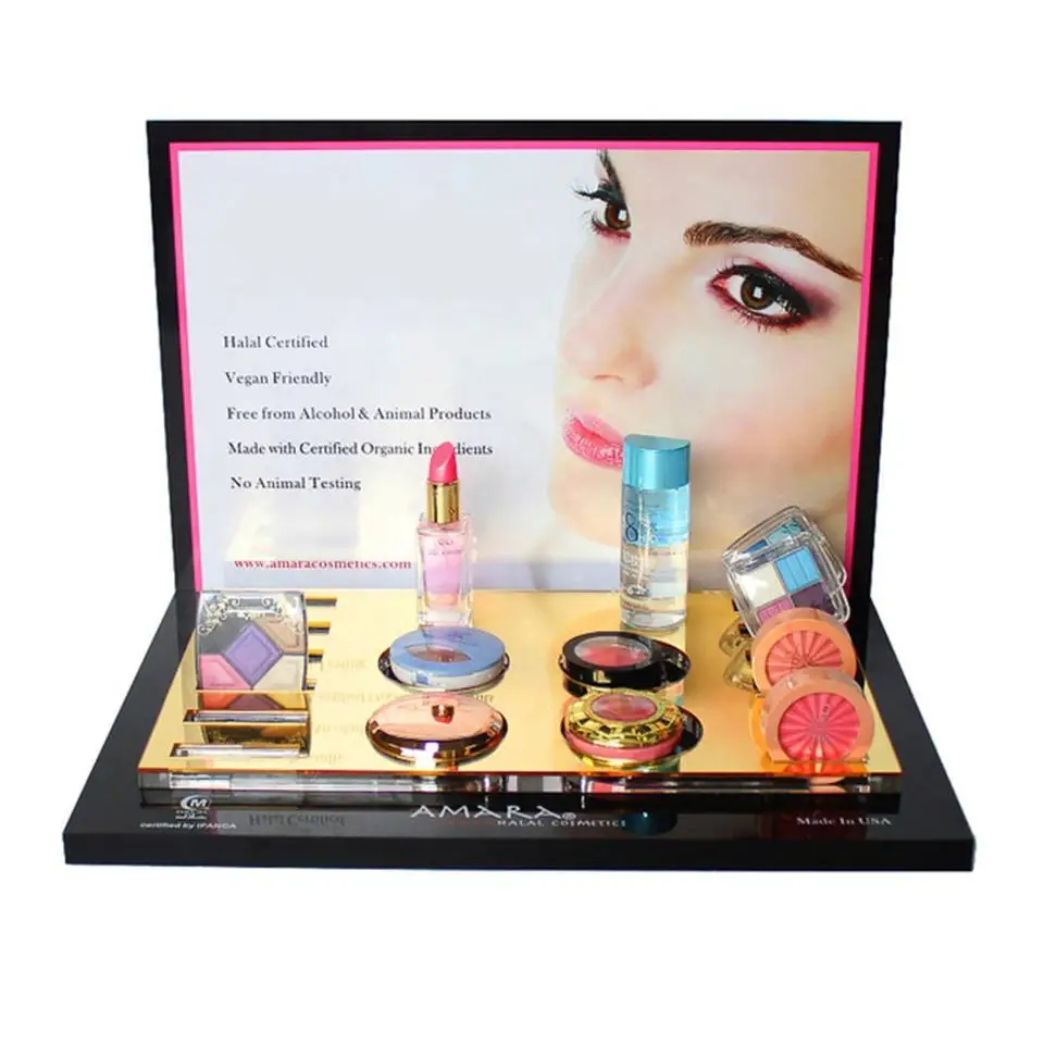 OEM Gold Mirror Acrylic Stand makeup Skincare Table Showcase makeup display stand cosmetic