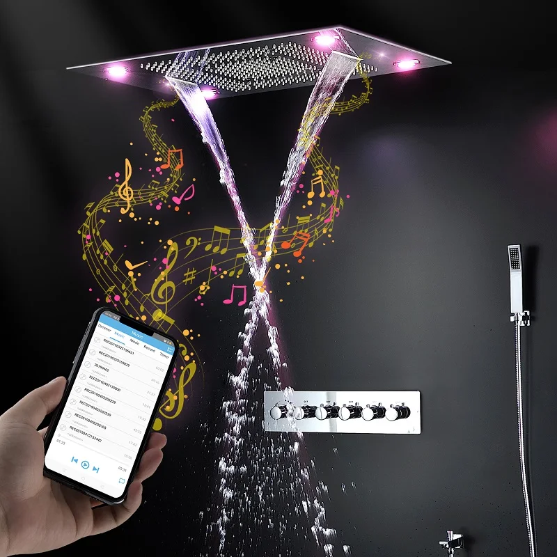 Hot and cold music shower head set concealed rain mist waterfall large shower faucets led bath phone music speaker