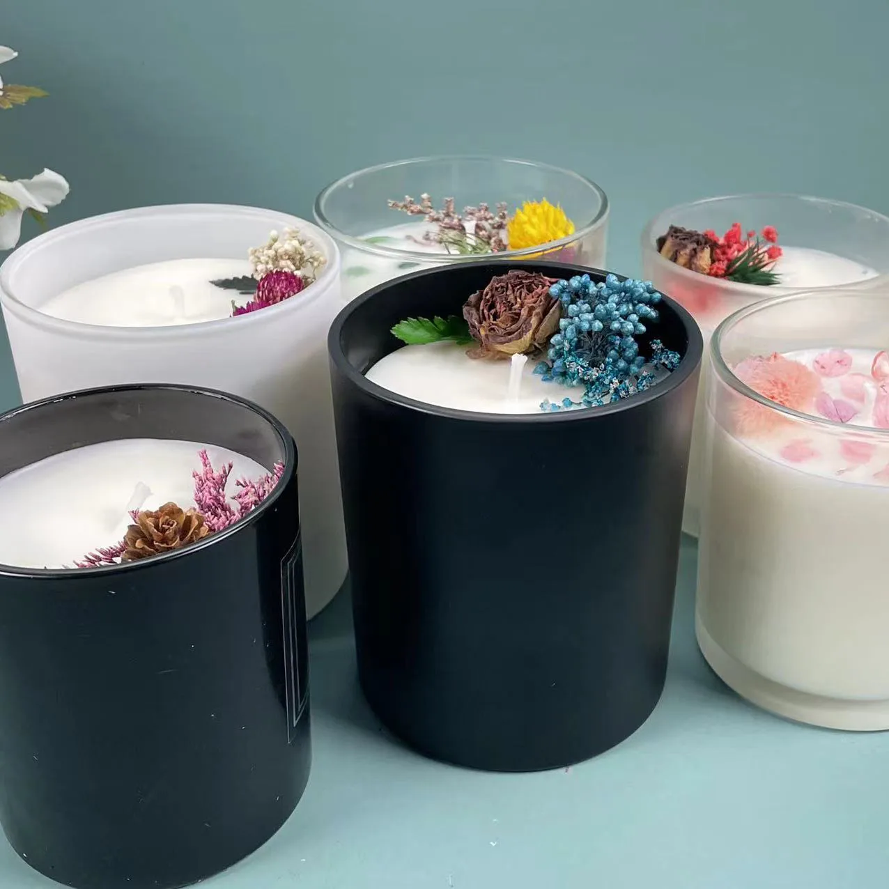 Wholesale Customized Dry Flowers Crystal DIY Custom Candle Natrual Soy Wax Luxury Glass Scented Candles with lids