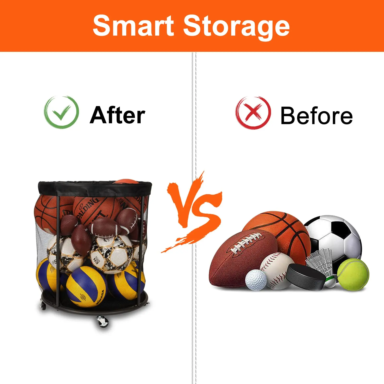 Wholesales Outdoor Indoor Rolling Basketball Rack Sports Ball Storage Organizer Ball Cart With Wheels Lock
