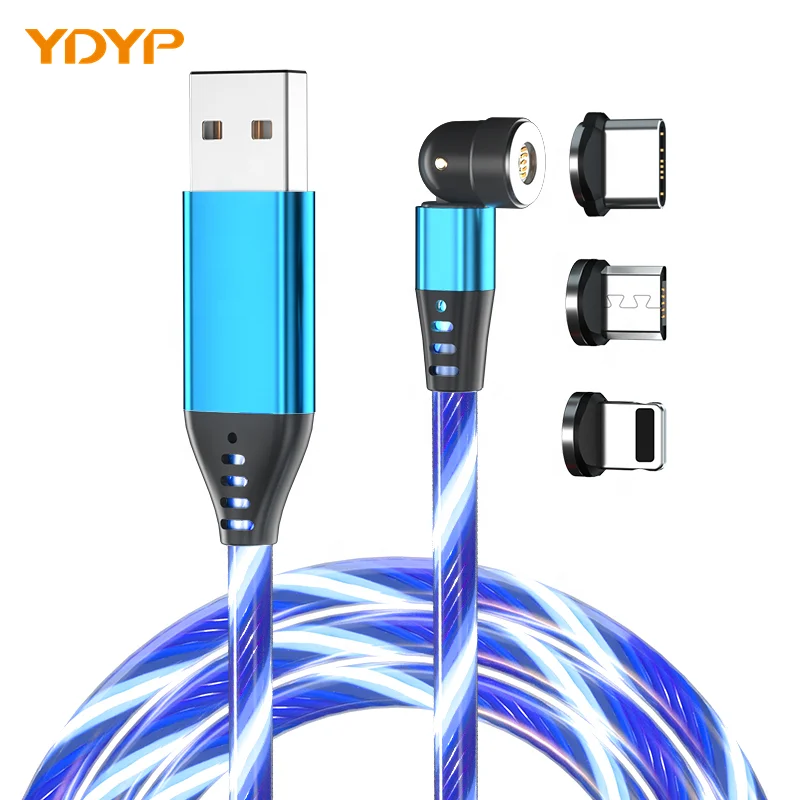 2021 Wholesale Magnetic 3 In 1 540 Degree Rotate Magnetic Cable Fast Charging Usb Cable Led Luminous Flowing Micro Data Cable