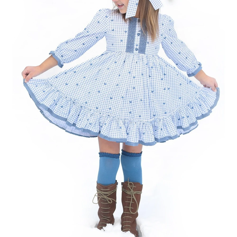 boutique wholesale Christmas new kids custom popular children printed festival ruffle dresses with long sleeves