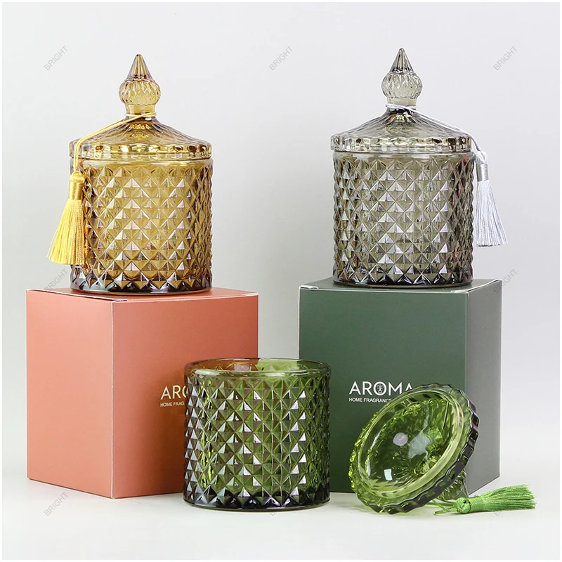 Wholesale 250ml multi color crystal glass geo cut geometric candle jar with gold rim lid for party wedding decorations