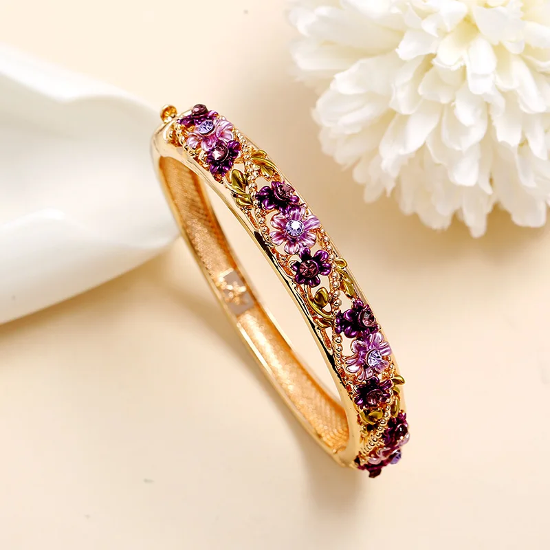 Vintage Romantic Europe Court Cloisonne Hollow Filigree Floral Cuff Bangles Bracelets for Women Jewelry