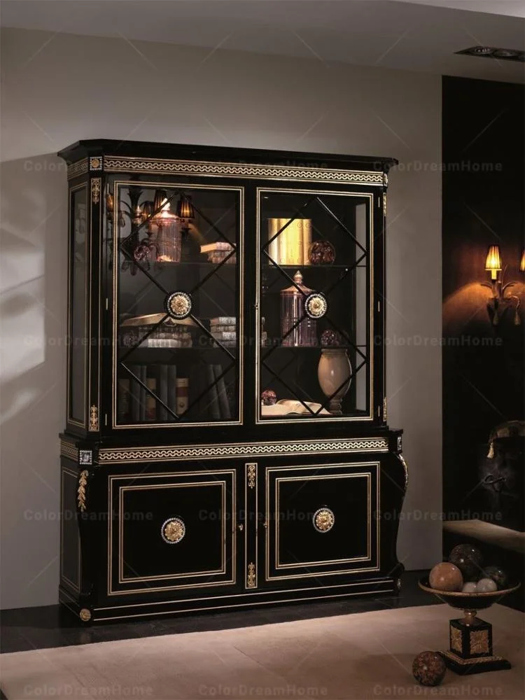 Antique black luxury solid wood dining sideboard with mirror