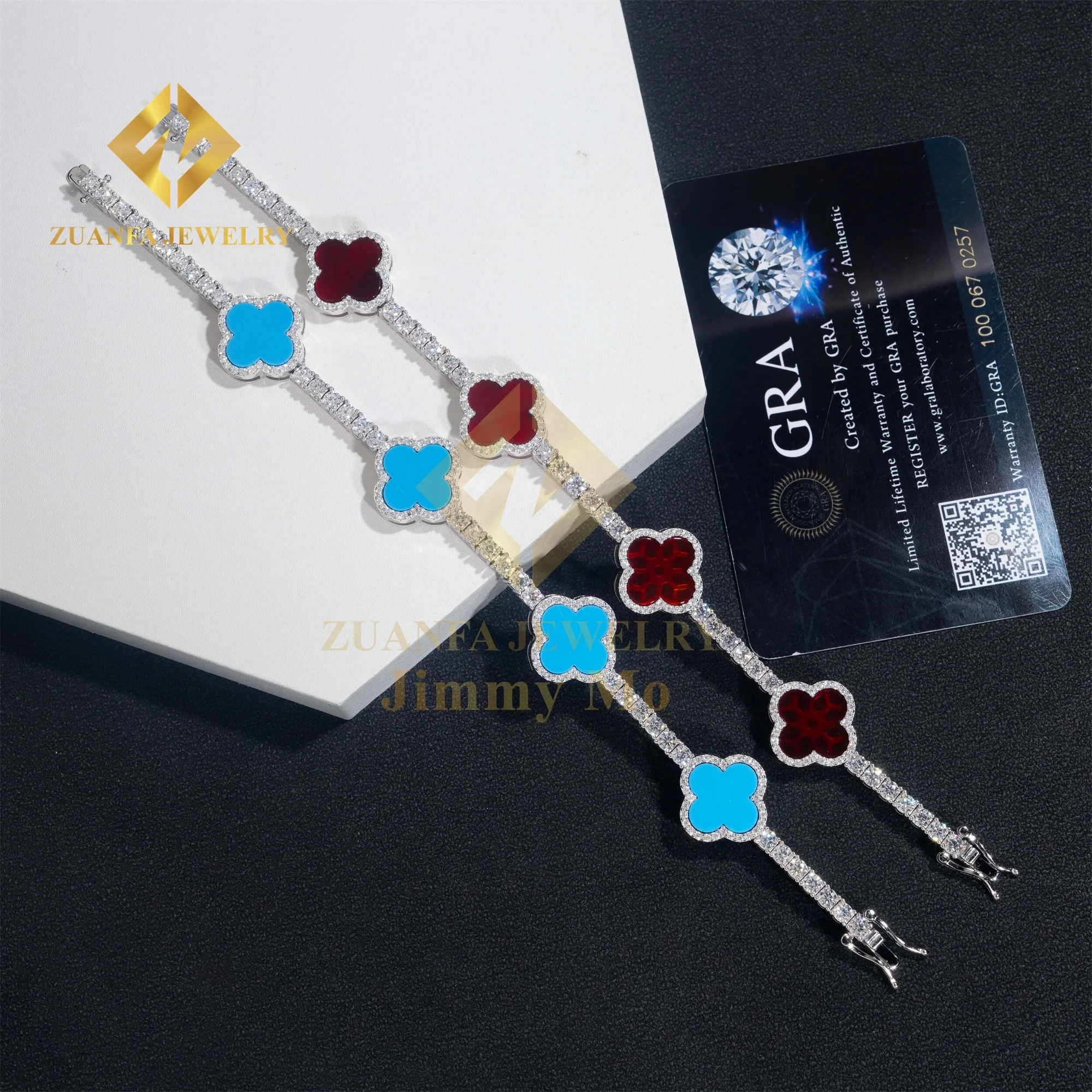 Unique Popular 3mm Iced Out Hip Hop Jewelry S925 Silver VVS1 Moissanite Diamond Four Cleef Clover Leaf Cluster Tennis Bracelet