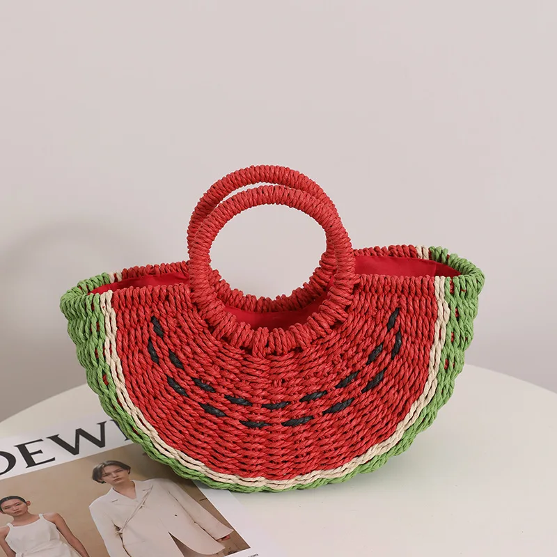 Candy color watermelon hand-held straw bag New cute fruit woven bag seaside holiday beach bag