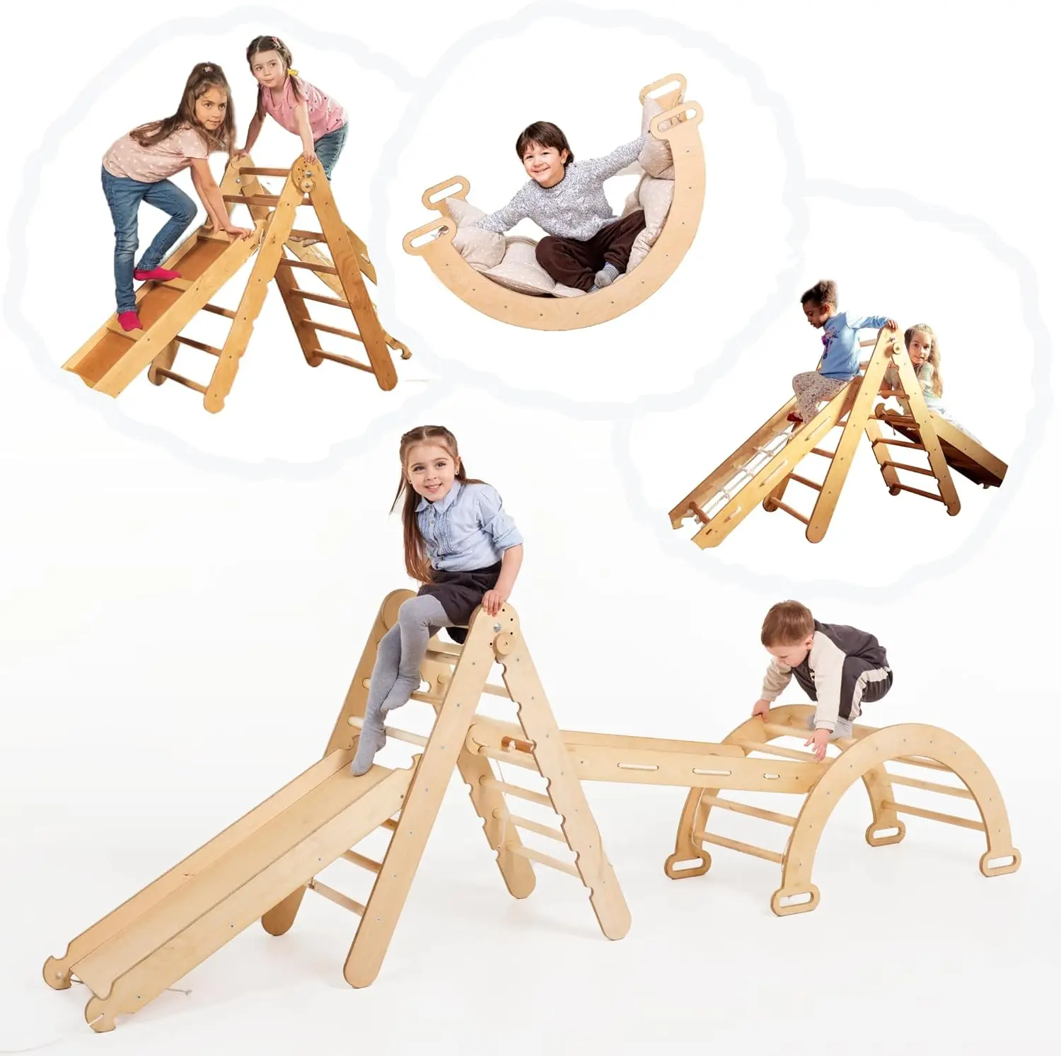 Montessori Climbing Set 4 in 1 Slide Climbing Toys Wooden Triangle Arch Board for Kids