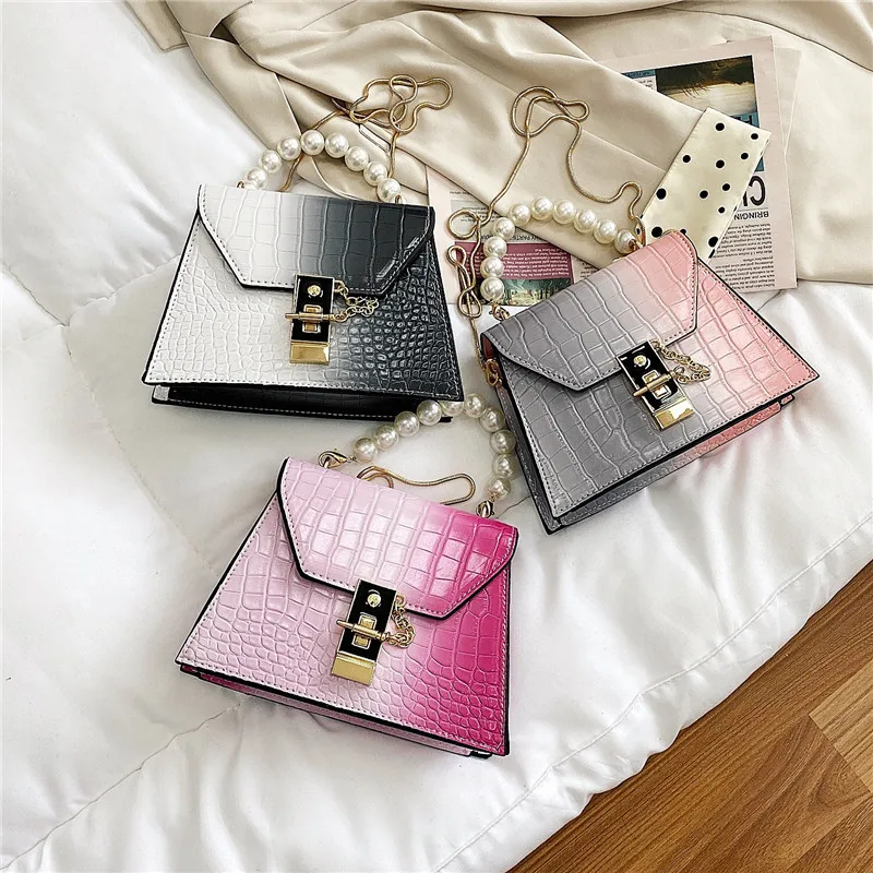 Gradient color new stone pattern pearl lock small square bag chain messenger ladies handbags 2021