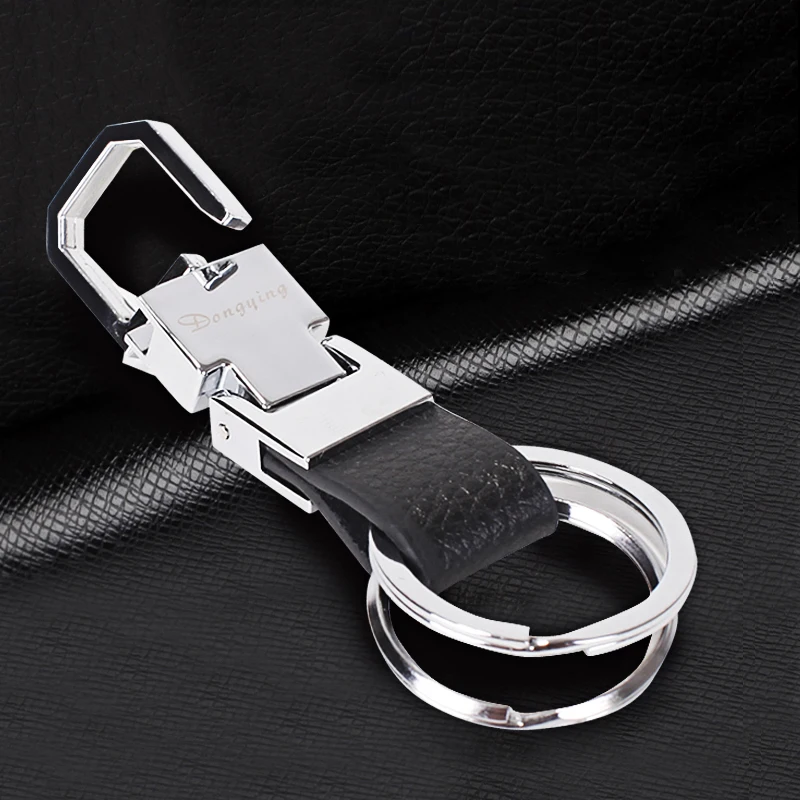 Pull-down Button Double Keyring PU Leather Key Fobs Automatically Snaps Silver Alloy Metal Exquisite Men Blank Buckles Black 100