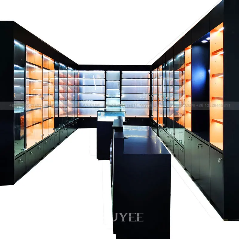 Custom New Design Retail Store Luxury Interior Decorate Showcase Glass Cabinet Display Cases For Smoke Shop