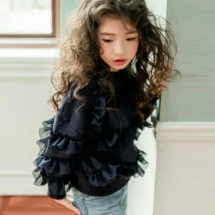 
KS0570 Fashion korean style girls black and white color sweatshirt tulle selvedge stitching t shirts 