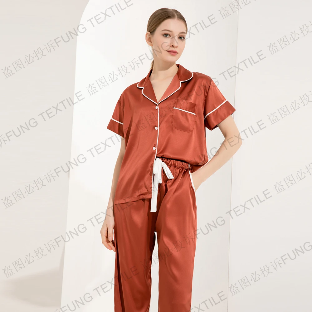 FUNG 6028 Womens Pajamas Set Short Sleeve Two-Piece Pjs Silky Sleepwear Nightwear