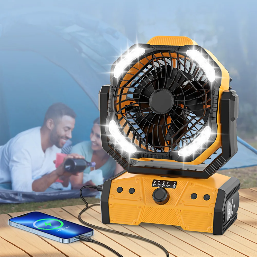 2024 New 30000mAh Battery Operated Outdoor USB Rechargeable Portable Desk Fan Camping Fan With Led Lamp