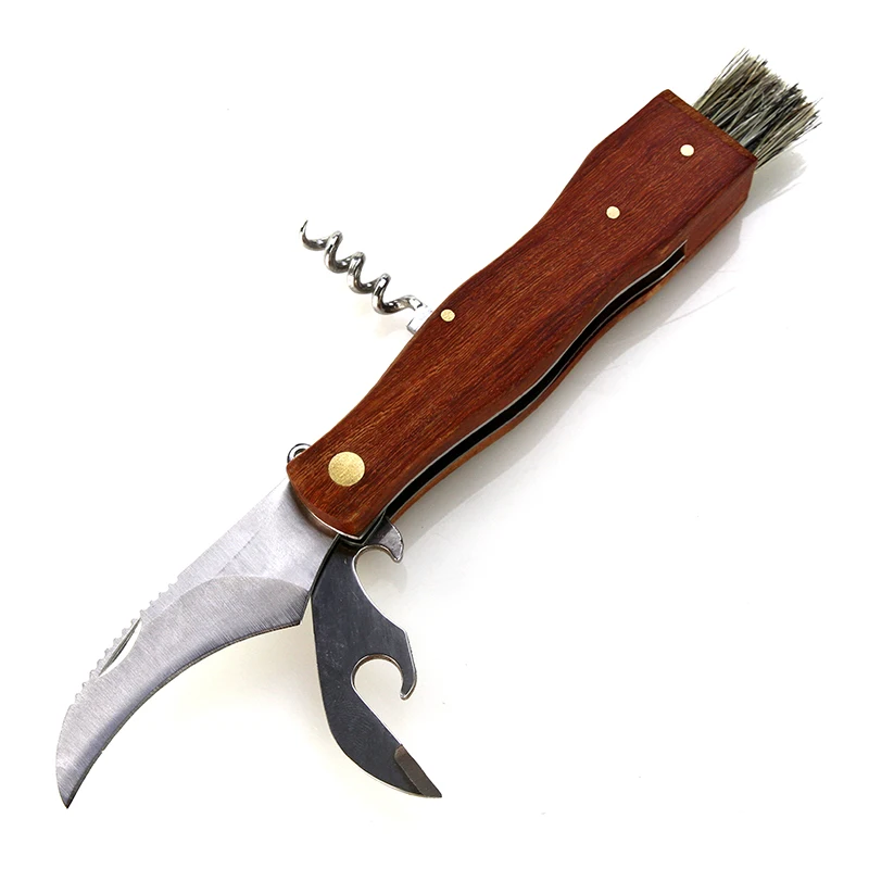 Amazon Hot Selling Rosewood Handle 5 in1 Brush Cork Screw Bottle Opener Keychain Folding Mushroom Knife