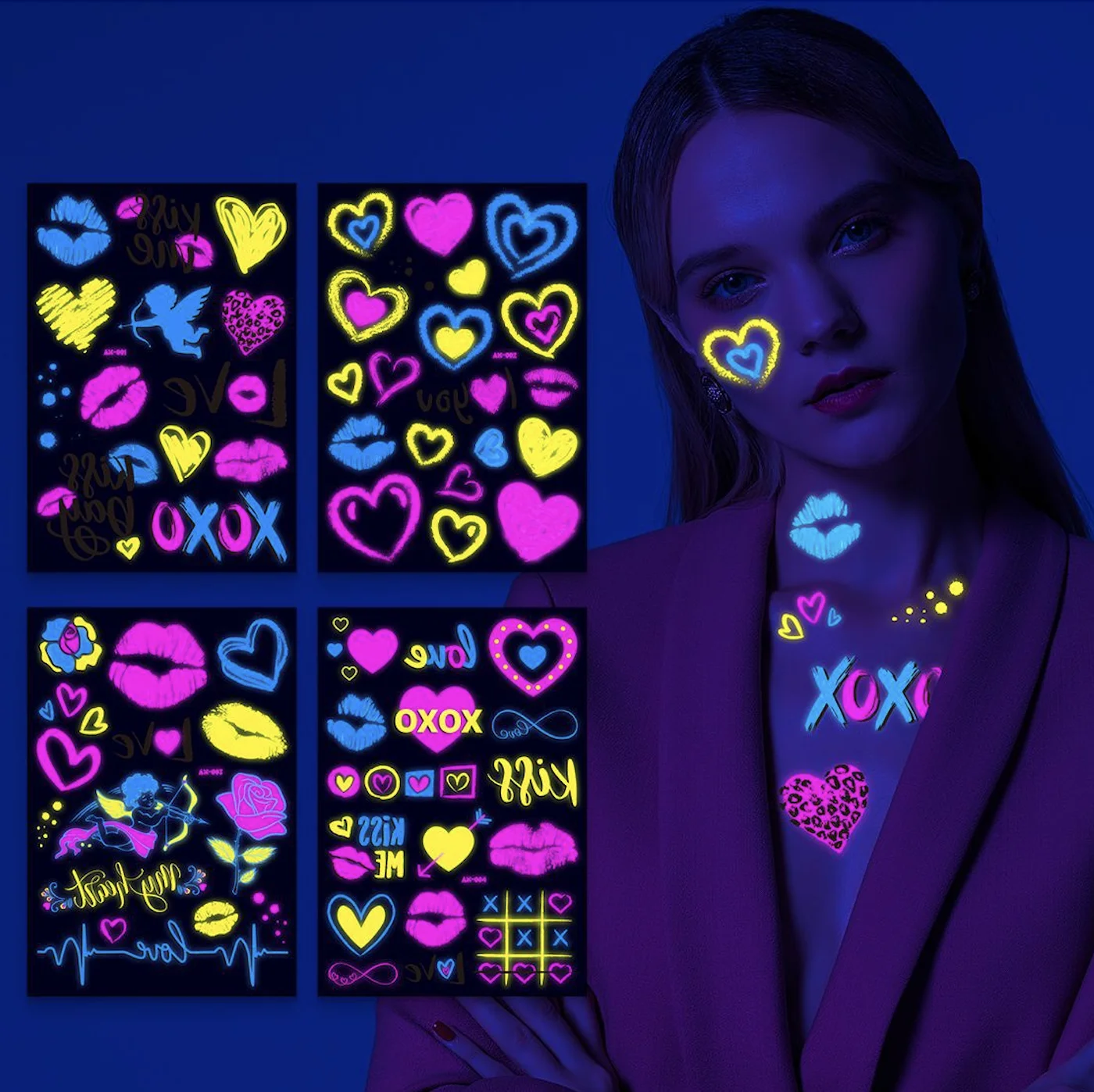 Startparty 4 Sheets Butterfly Neon Temporary Tattoos UV Neon Glow The In Dark Festival Decorations Fluorescence Tattoo Stickers