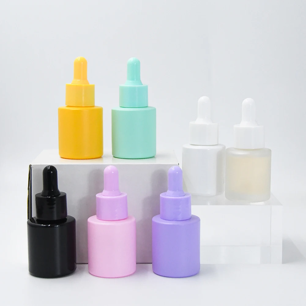 High Quality 20ml Pink White Black Green Purple Yellow Frosted Empty Round Glass Cosmetic Dropper Bottle for Essential Oil