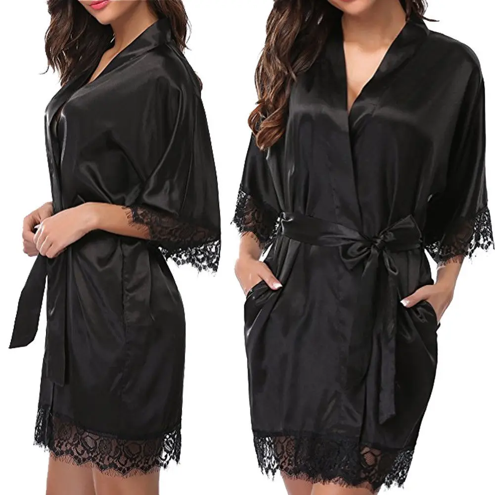 Custom Logo Plus Size 2XL Nightgown Solid Silk Satin Bridal Robes With Belt Thong Lace Robe