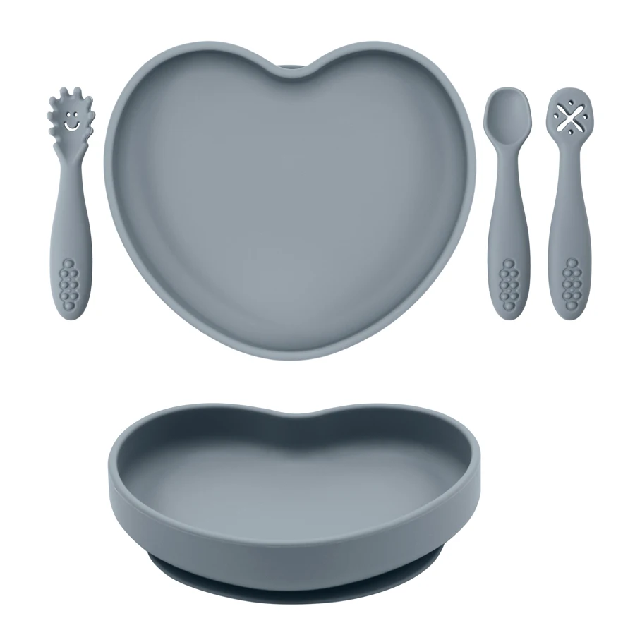 Popular Food Grade Baby Durable Cute Heart Shape Soft Safety Anti Drop Silicone Suction Plate Feeding Tableware For Newborn