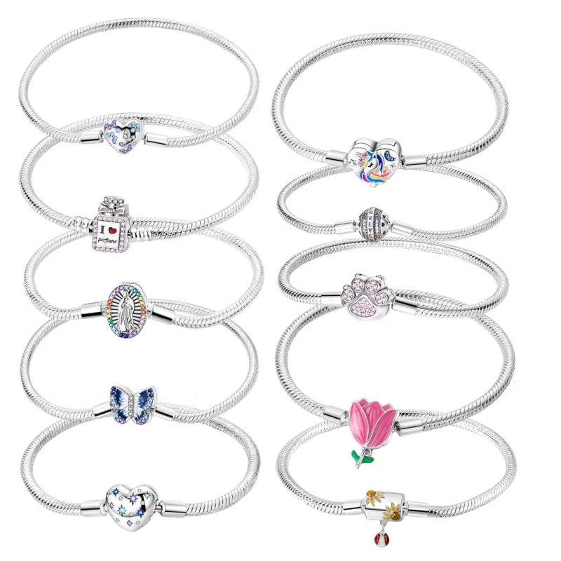 Hot Sale heart love flower Charms Snake Chain 925 Sterling Silver Bracelet Jewelry Design DIY Charms Bracelet For Women gifts