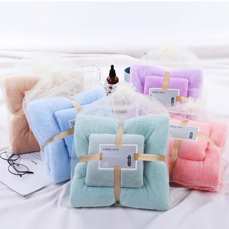 Coral velvet absorbent towel wholesale 2 pieces set thickened gift bath towel set wholesale Custom logo beach Bath Towel Sets