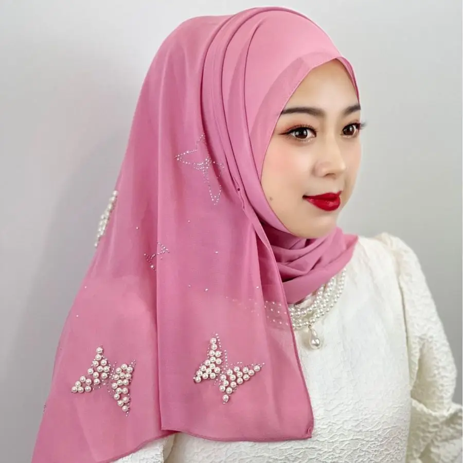 Hot seller Versatile fashion exquisite monochrome chiffon butterfly beaded pattern ladies shawl Malay Muslim hijab headscarf
