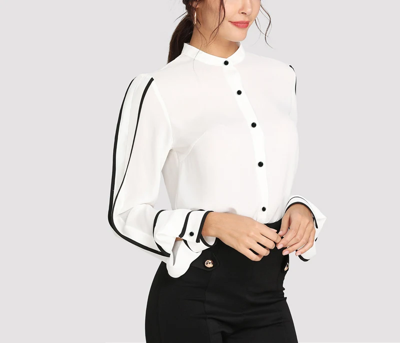 White Elegant Women Blouse Stand Collar Long Sleeve Shirts  Autumn Workwear Shirt Top