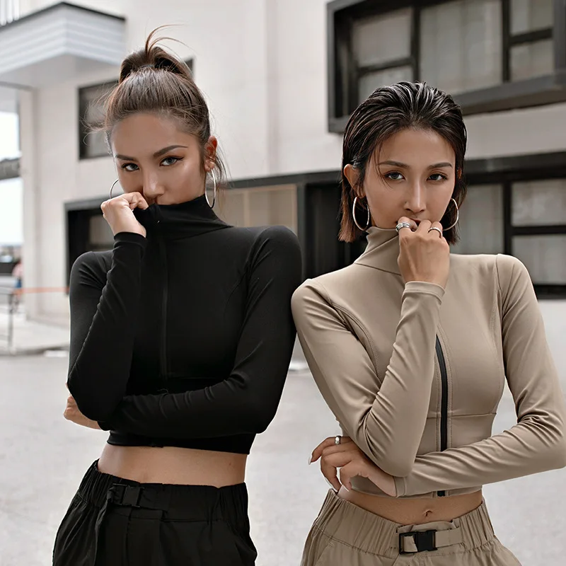 Fall sexy womens sport wear black gym outfit coat zip up yoga short jacket collar fitness