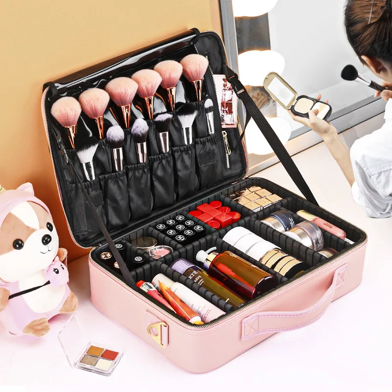 Portable Makeup Case Adjustable Dividers Cosmetic Case with makeup brush pouch Large Capacity Cosmetics Storage Bag