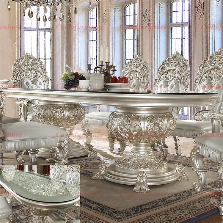 Wooden Design Round Dining Table with 4 Solid Wood Carved Leather Chairs American Luxury Room