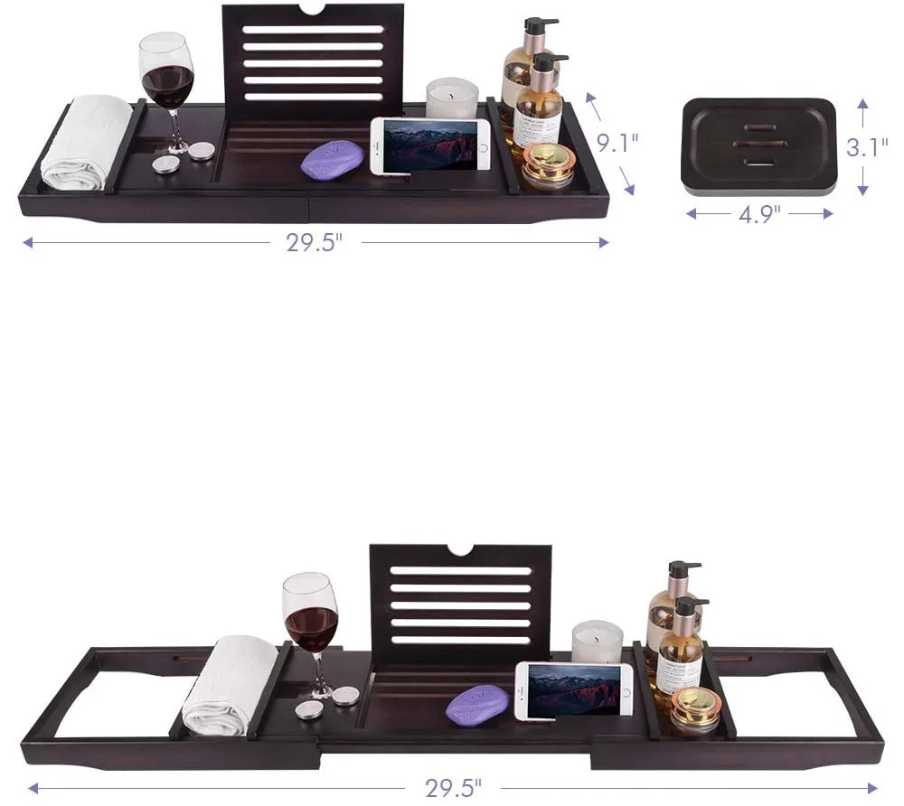 Роскошный черный бамбуковый поднос для ванной, аксессуары для ванной, выдвижной поднос для ванной с держателем для бокала вина, Органайзер