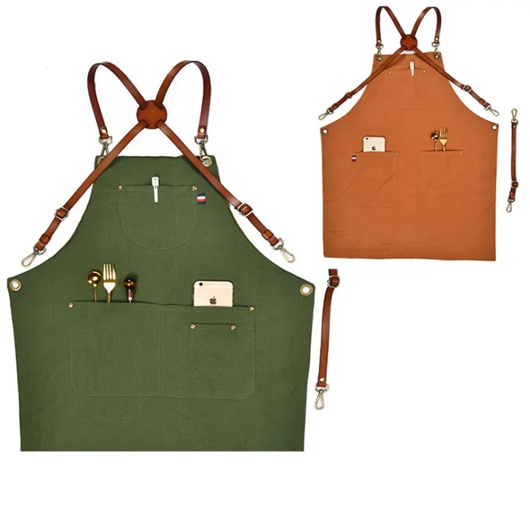 
Double-sided cotton linen apron kitchen restaurant custom logo barista overalls leather shoulder strap tool pocket apron 