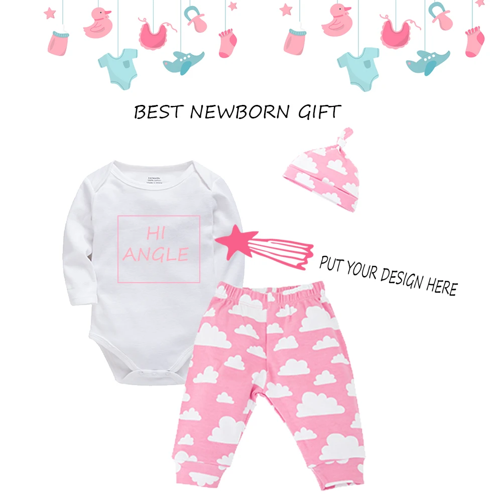 OEM Customized Design Newborn Baby Boys Girls Clothes Set Bebes Romper+Pants+Hats Gift Set For 0~6Months