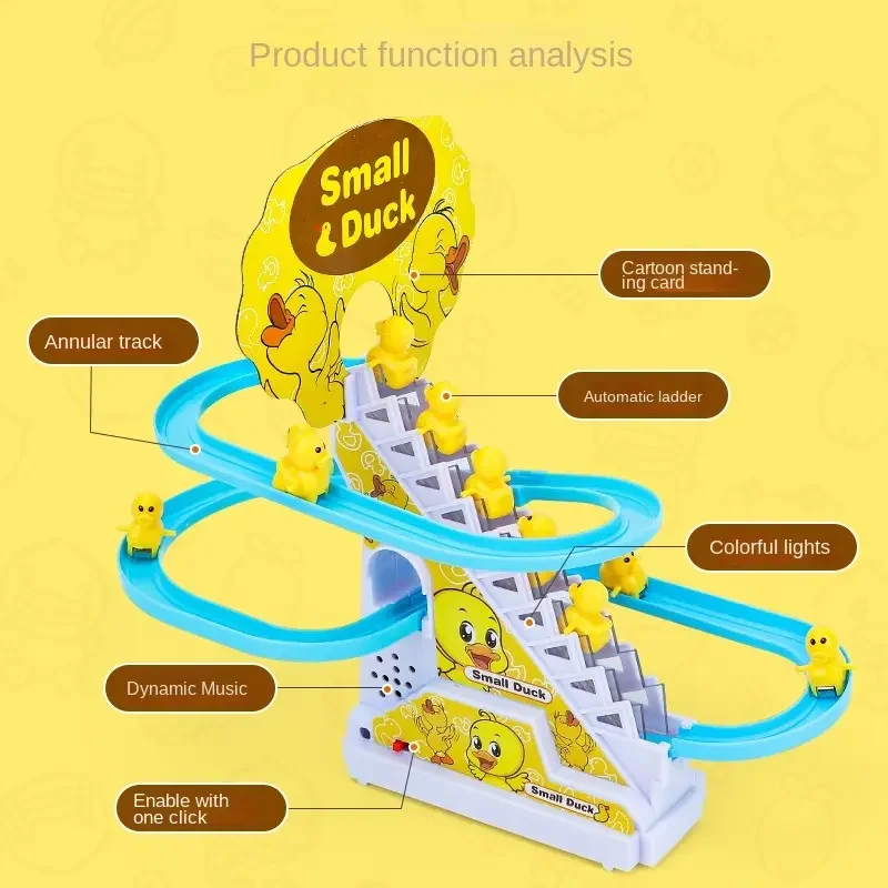 HOT SELLING ELECTRIC LITTLE YELLOW DUCK CLIMBING STAIRS MUSIC TRACK GROOVE TOY FOR KIDS
