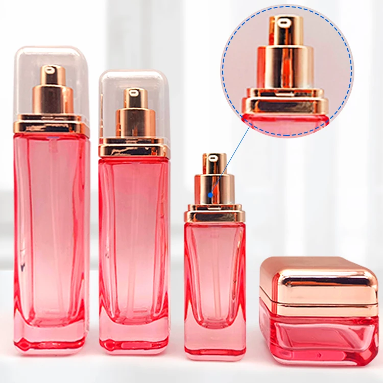 OEM cosmetics glass set and jars containers packaging black frosted cosmetic bottles pink