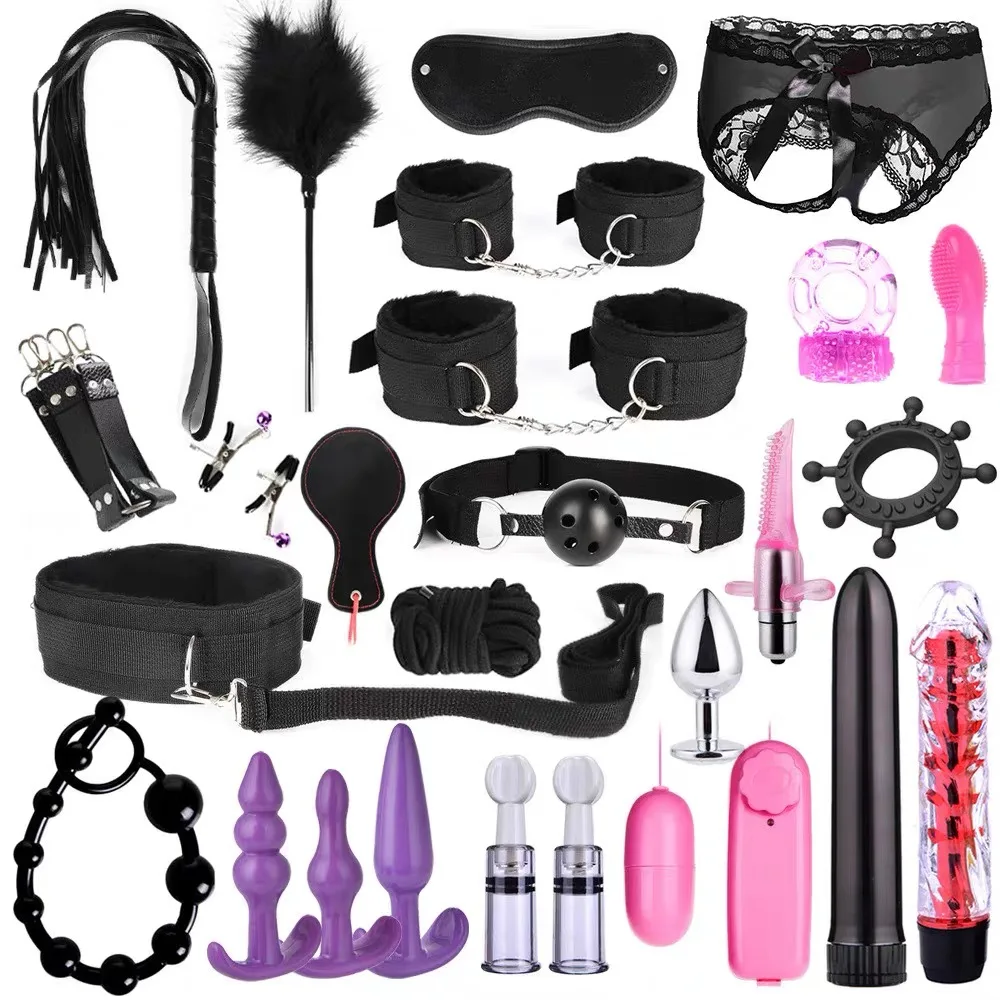 Adult Sm Play Game Sex Toys Genuine Leather Bondage Set For Couple Bdsm Cheap Price With Anal Plug And Mini Vibrato