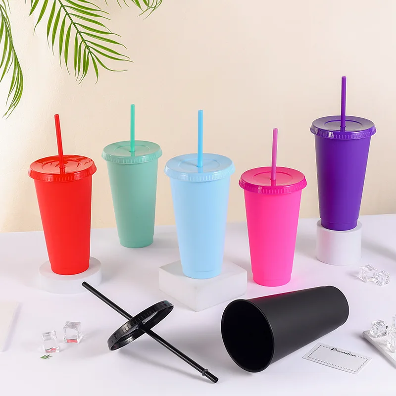 Reusable Cup with Lid and Straw Plastic Colorful Iced Coffee Cup Travel Mug Cold Drink Bulk Tumbler for Birthday Party