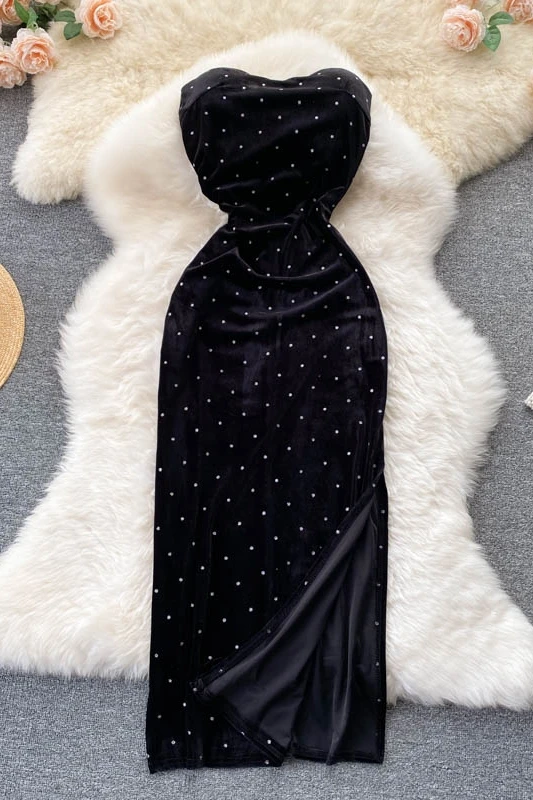 Strapless Square Collar Solid A-Line Dress Summer Slit Velvet High Waist Maxi Dress Ladies Casual Dress Clothes Women Wholesale