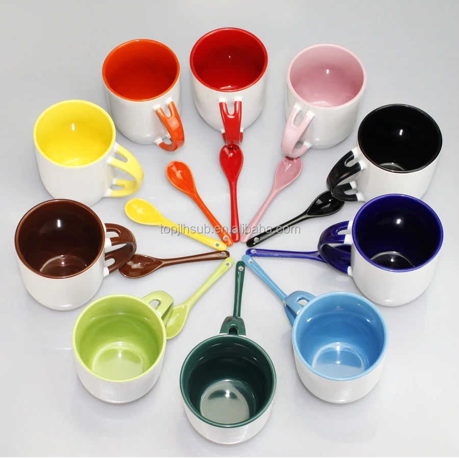 Sublimation Mug With Spoon 12oz Ceramic Coffee Mug With Colorful Spoon