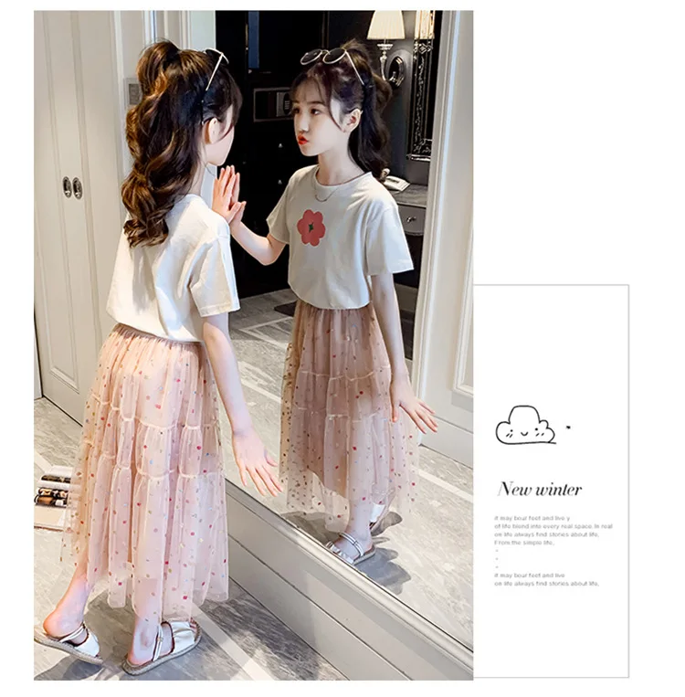Lovely Fashion Summer 4-13 Years Girls 2 Pcs/Set Party Clothing T-Shirt Short Skirt Suits For Girls