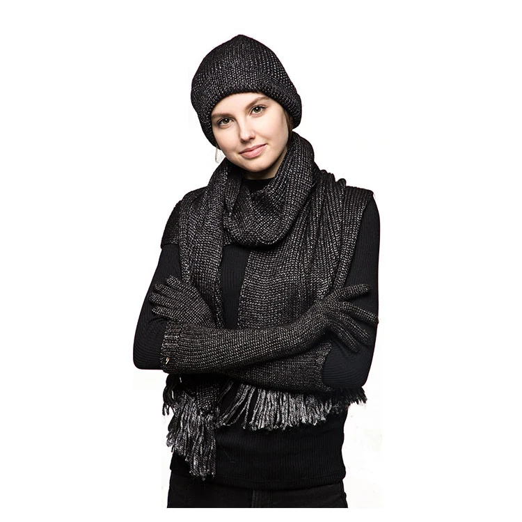 Wholesale Women Custo Experience Fashion New Knitted Cashmere Black Gloves Scarf Hat Set