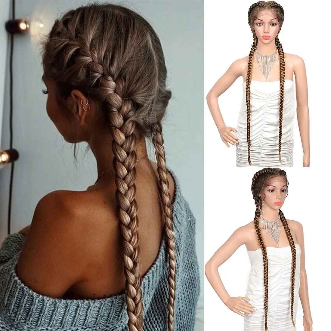 Hair Hat Double Braids Wigs  Fabosi Black Hair for Women Synthetic Heat Resistant Long Braids Wig Glueless Half Hand Tied