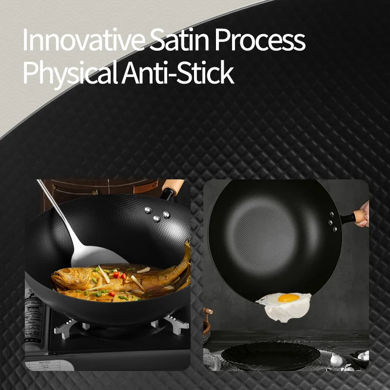 2023 Factory Wholesale Pre Seasoned 32CM Wok Chinese Traditional Handmade Wok For Kitchen Pan Wooden Handle For Gas Cookware