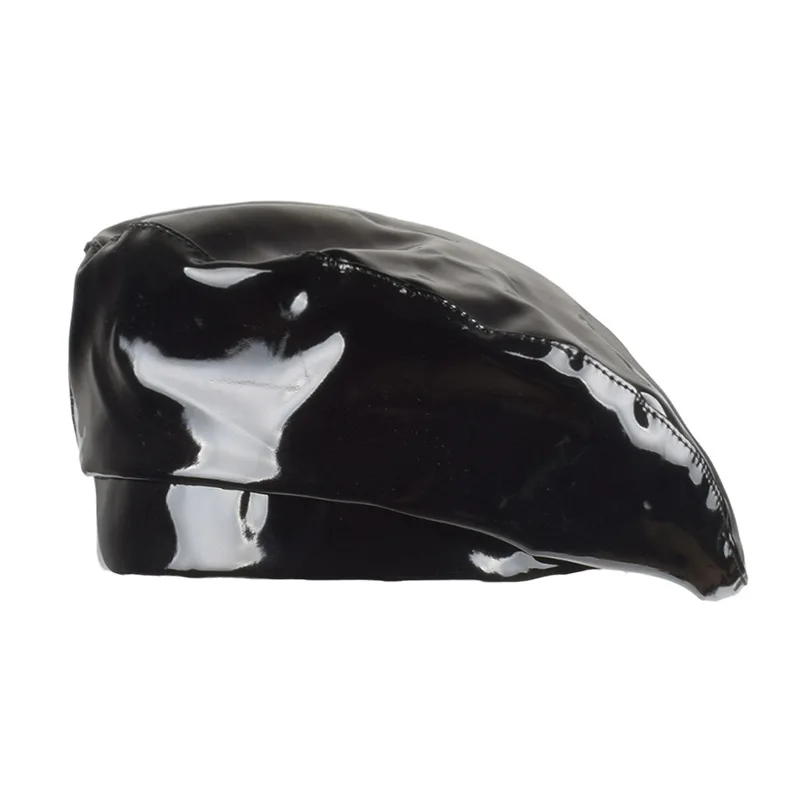 Patent Leather French Beret Hat PU Slouchy Captain Women Dancing Cap Solid Color Flat Top Hat Casual and Chic Lightweight Cap